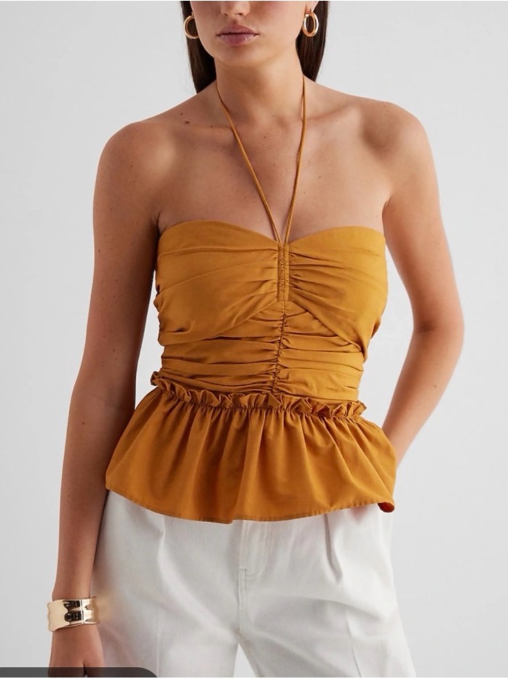 Express Mustard Strapless Ruched Peplum Crop Top